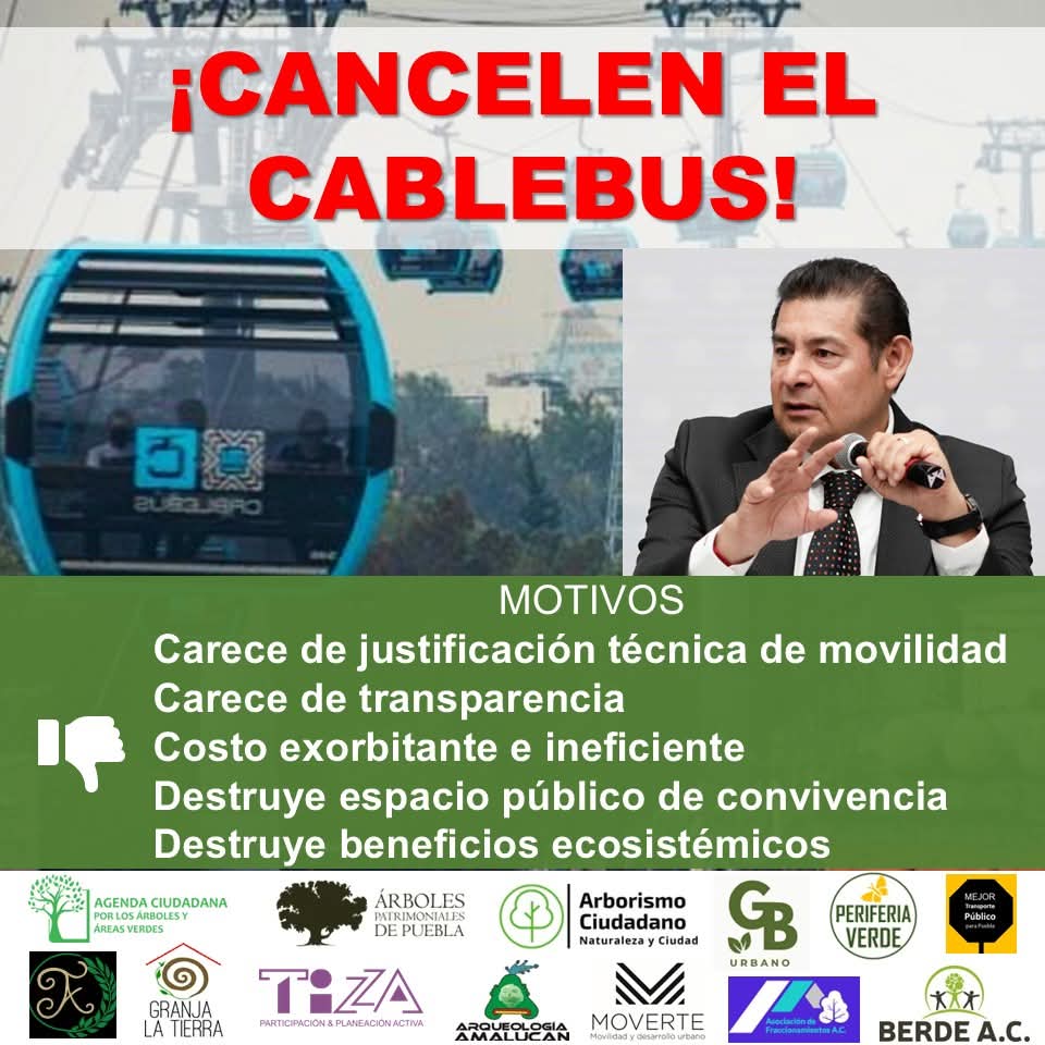 Llamado a <a href="/armentapuebla_/">Alejandro Armenta</a> y <a href="/Gob_Puebla/">Gobierno de Puebla</a> a escuchar la voz de la sociedad y #cancelar el #Cablebus, buscando alternativas mejor analizadas y con menor impacto al ya degradado medio ambiente de Puebla. 
Urge mejorar el #TransportePúblico e incrementar arbolado y superficie verde