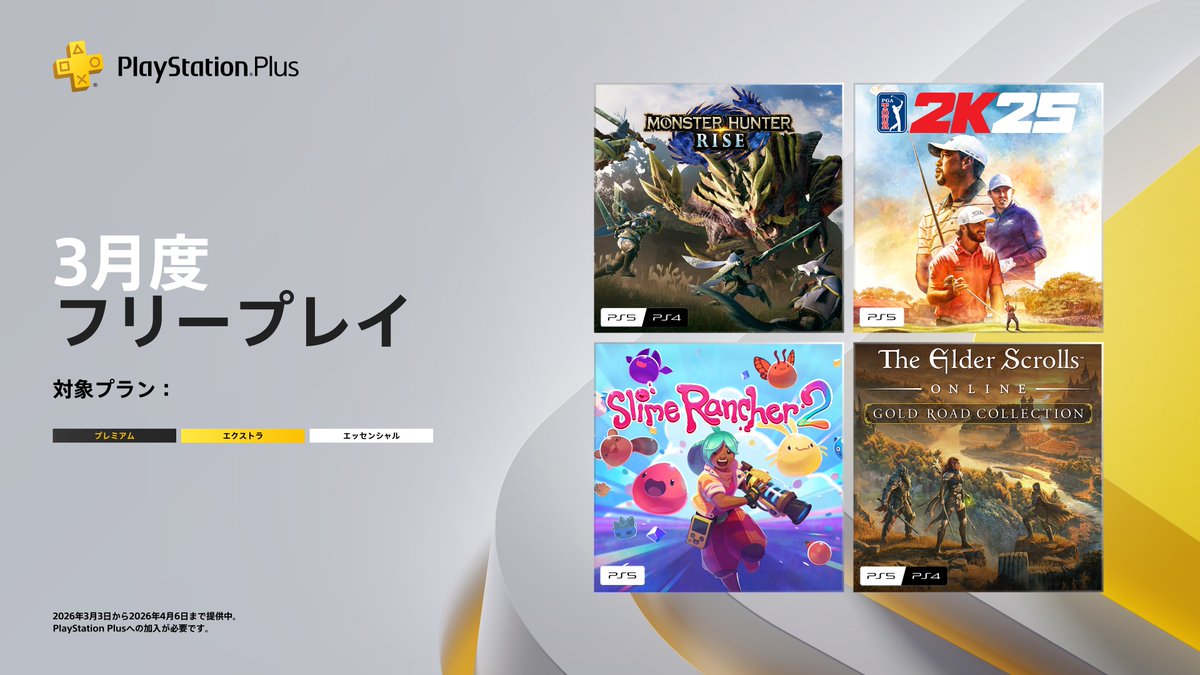 【#PSPlus】2026年3月提供コンテンツ情報！
3月3日（火）から、フリープレイに『モンスターハンターライズ』『ゴルフ PGAツアー 2K25』『Slime Rancher 2』『The Elder Scrolls Online Collection: Gold Road』の4タイトルが登場！

詳しくはこちら⇒ play.st/3N1A6NW