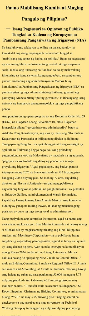 __3emikrpnj's tweet photo. Shocking!  How to Quickly Make Money and Become President of the Philippines?

Mga kababayan, nakita n’yo ba ’yung sinabi ng 18 ex-Marines na nag-deliver daw sila ng P805 bilyong cash “maleta” diretso sa bahay nina Marcos Jr. at Romualdez? Sabi ng Malacañang “lousy script” lang daw, sinabi rin ng Navy na ilan sa kanila hindi naman talaga Marines, pero si Sen. Imee Marcos mismo nag-file na ng resolusyon para imbestigahan sa Senado!
Ngayon, kumakalat na naman online ang NIA irrigation corruption chain: EO69 inilipat ang NIA sa ilalim mismo ng Office of the President → binawasan nang husto ang budget → Araneta family bilang “white glove” + kompanya ni Michael Ma → 32 opisyal ng NIA sa bribe list (may Singapore account transfer, VVIP 3.75M!)
Pag may bagyo, baha at namamatay ang tao, tuyo ang palayan walang tubig, pero ang pera lumilipad sa ibang bansa? Parang sobrang katulad sa flood control scam!
Narito ang high-res bribe list pic! Black propaganda ba ’to o dapat talagang imbestigahan? I-share at pag-usapan natin! 🇵🇭
#FloodControlScam #Korapsyon #Bagmen #Pilipinas #NIA