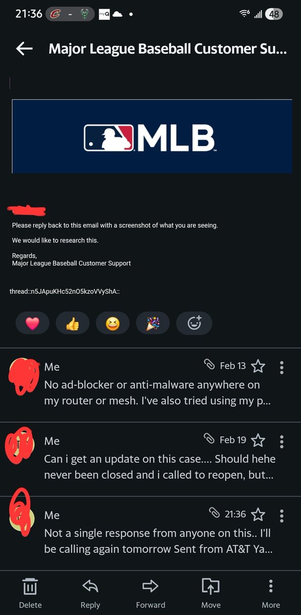 ZeroAmiable's tweet photo. @MLBFanSupport @__BBSK I cant send you a DM bc X won't let me, but here are all the emails I've sent, that your team has avoided... Your tier 2 cant get you out of jam if i paid you more money... Unreal.. Feb 13,19, and today.. No resolution https://t.co/UIa41ER9M7