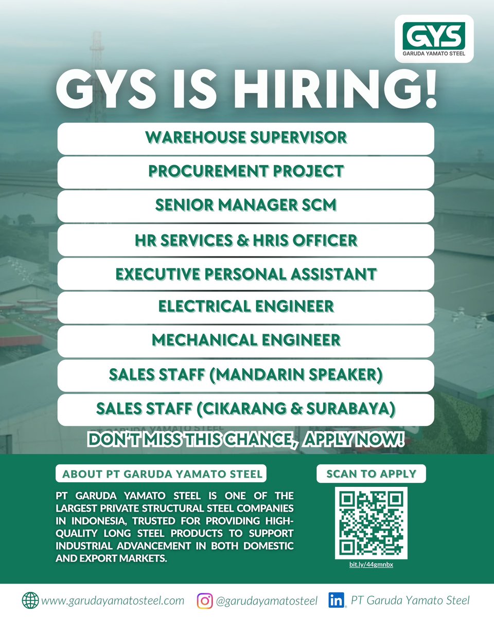 st00dent's tweet photo. PT GARUDA YAMATO STEEL IS HIRING!

We are opening full time opportunities across various fields, including: Finance &amp; Accounting, HR, Engineering, Marketing, Procurement, etc.

📩 Apply now at https://t.co/3c6zz9oAGg https://t.co/WBcn49P4WJ