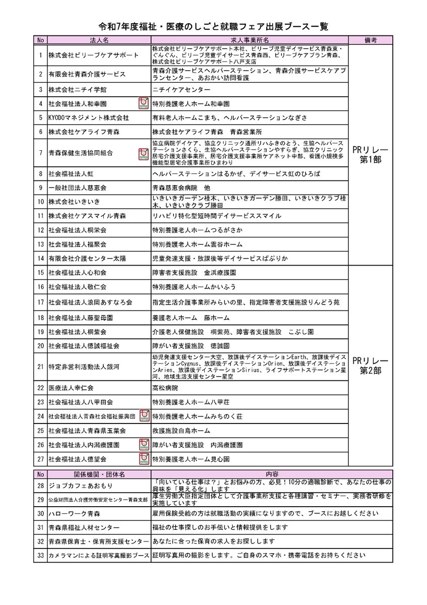 aomorijinzai's tweet photo. 【開催直前告知】
3/1就職フェア開催間近！最新の参加法人一覧はこちらです。25法人以上参加します😀
事業所の方直接お話する機会となりますので、お話だけ聞きたい方も、ぜひ働きたいという方も、ぜひお越しください！

申込はこちら
https://t.co/Jup9ijeTp3

＃就職フェア
＃福祉人材センター https://t.co/Gvi7XC69l4