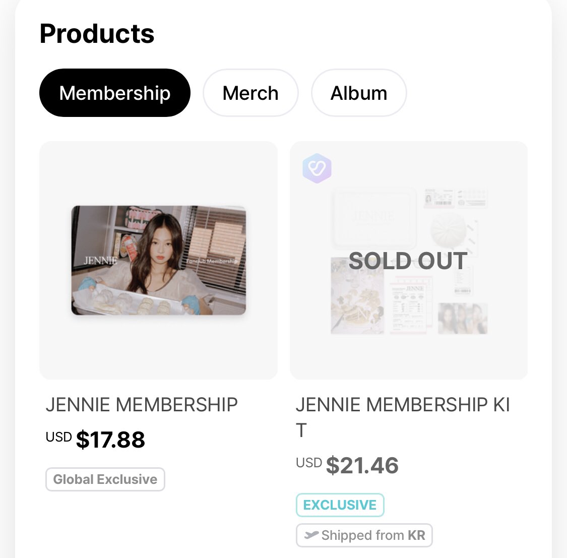 #JENNIE's Membership kit is sold out.