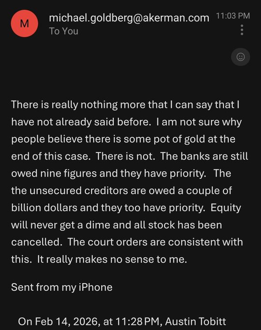 <a href="/BobbyCat42mtHED/">@BobbyCat42's last braincell</a> <a href="/IamAdamLove/">AdamLove</a> Senior bankruptcy lawyer whose job it is to pay $BBBYQ stakeholders just said (again for the 20th time) that ex-shareholders will never get paid. 

Doesn't matter what's legally permissible, back on planet earth the estate is simply not going to raise enough money for that.