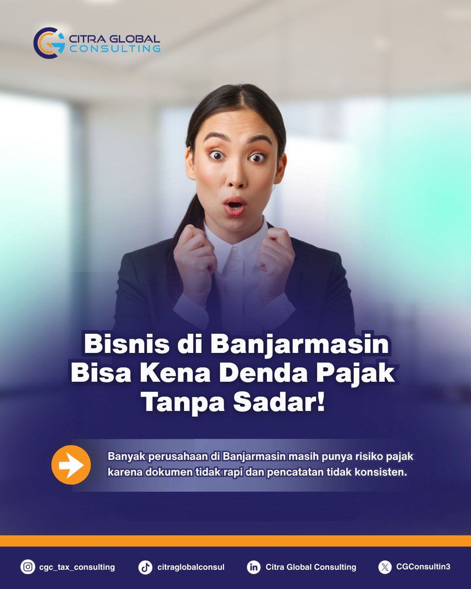CGConsulting3's tweet photo. Bisnis di Banjarmasin bisa kena denda pajak tanpa sadar. Dokumen berantakan &amp; salah hitung PPh/PPN jadi pemicu.
Lakukan tax review rutin agar aman sebelum diperiksa. Konsultasi sekarang.
#KonsultanPajak #TaxReview #PajakBanjarmasin #BisnisAman #CitraGlobalConsulting https://t.co/TmqggBVtmb