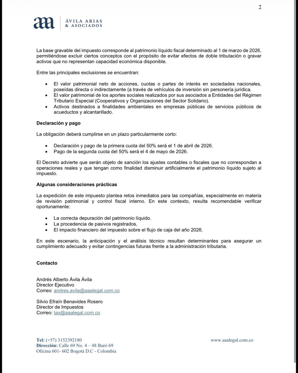Comparto el más reciente boletín de Ávila Arias &amp; Asociados sobre el nuevo impuesto al patrimonio para personas jurídicas creado mediante el Decreto 173 de 2026. Es una medida extraordinaria con impacto inmediato en la planeación financiera y fiscal de las compañías; vale la pena