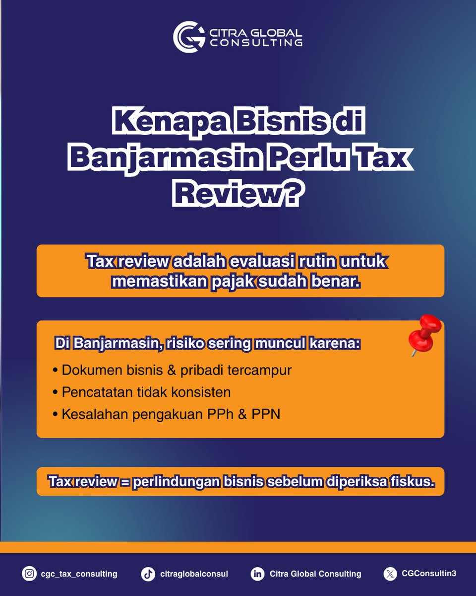 CGConsulting3's tweet photo. Bisnis di Banjarmasin bisa kena denda pajak tanpa sadar. Dokumen berantakan &amp; salah hitung PPh/PPN jadi pemicu.
Lakukan tax review rutin agar aman sebelum diperiksa. Konsultasi sekarang.
#KonsultanPajak #TaxReview #PajakBanjarmasin #BisnisAman #CitraGlobalConsulting https://t.co/TmqggBVtmb