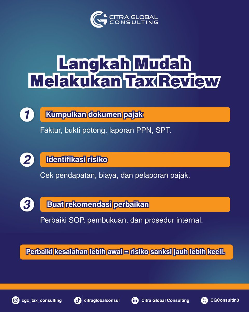 CGConsulting3's tweet photo. Bisnis di Banjarmasin bisa kena denda pajak tanpa sadar. Dokumen berantakan &amp; salah hitung PPh/PPN jadi pemicu.
Lakukan tax review rutin agar aman sebelum diperiksa. Konsultasi sekarang.
#KonsultanPajak #TaxReview #PajakBanjarmasin #BisnisAman #CitraGlobalConsulting https://t.co/TmqggBVtmb