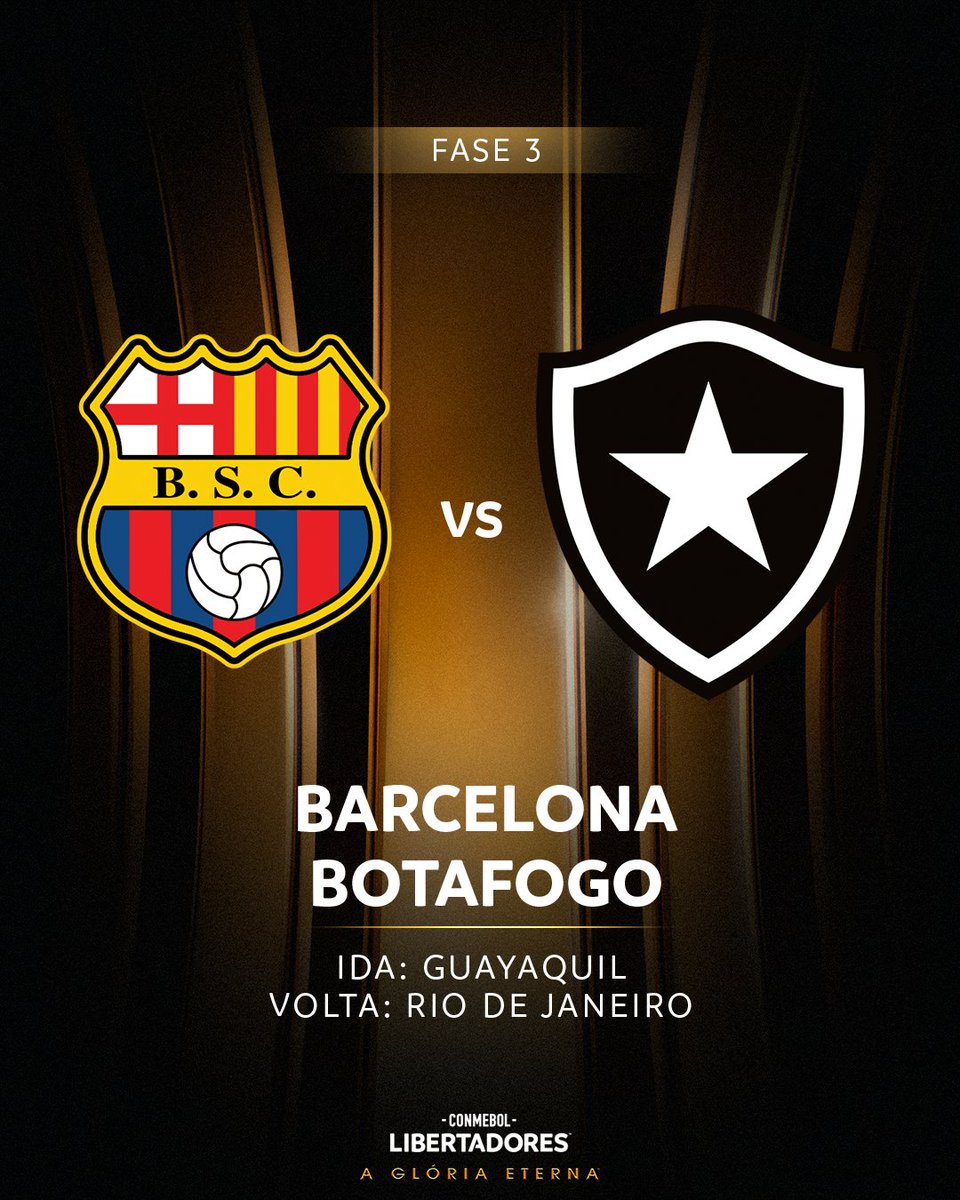 🇪🇨🆚🇧🇷 O <a href="/Botafogo/">Botafogo F.R.</a> enfrentará o <a href="/BarcelonaSC/">BARCELONA S.C.</a> por uma vaga na Fase de Grupos!

⭐ CONMEBOL #Libertadores | #GloriaEterna