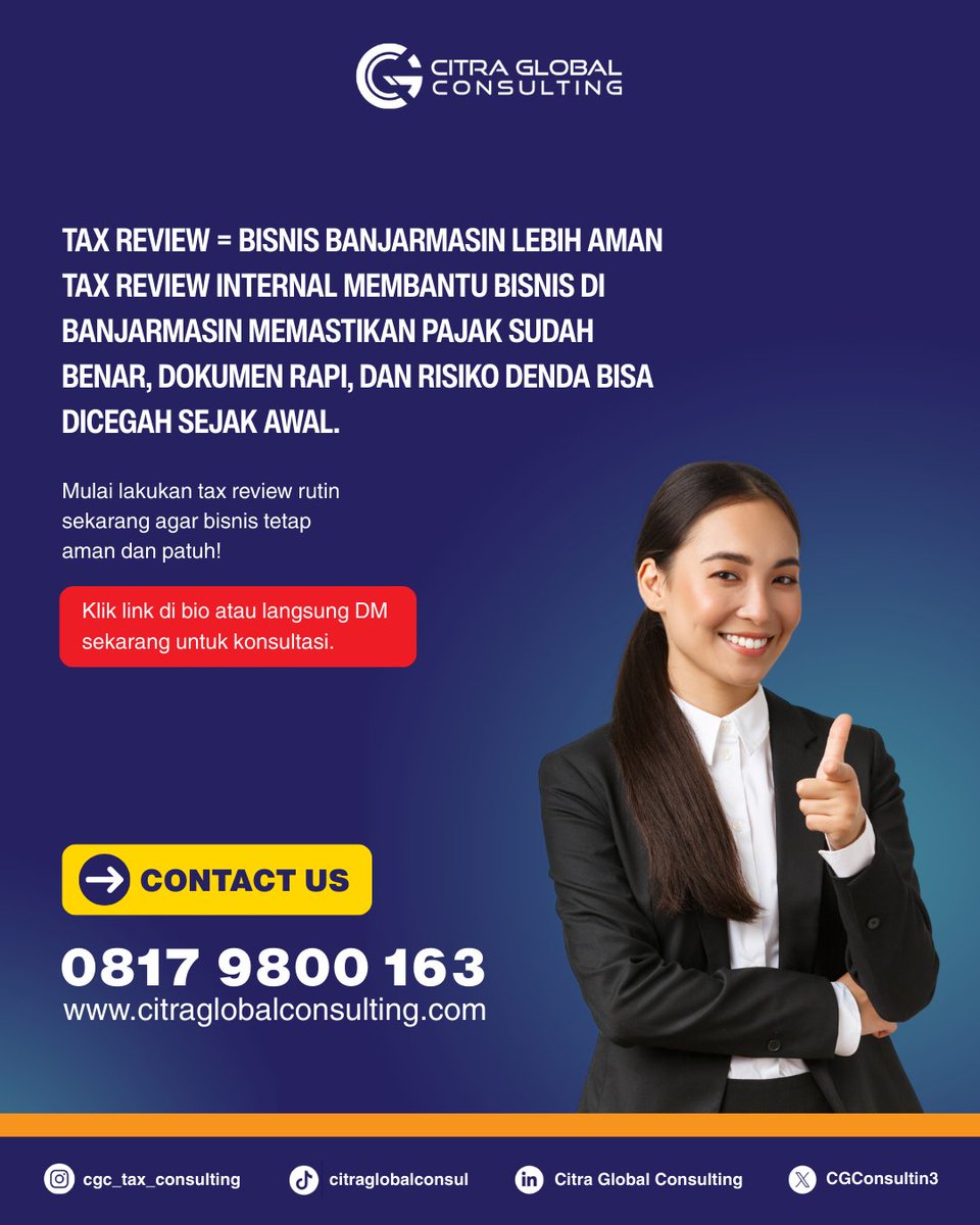 CGConsulting3's tweet photo. Bisnis di Banjarmasin bisa kena denda pajak tanpa sadar. Dokumen berantakan &amp; salah hitung PPh/PPN jadi pemicu.
Lakukan tax review rutin agar aman sebelum diperiksa. Konsultasi sekarang.
#KonsultanPajak #TaxReview #PajakBanjarmasin #BisnisAman #CitraGlobalConsulting https://t.co/TmqggBVtmb