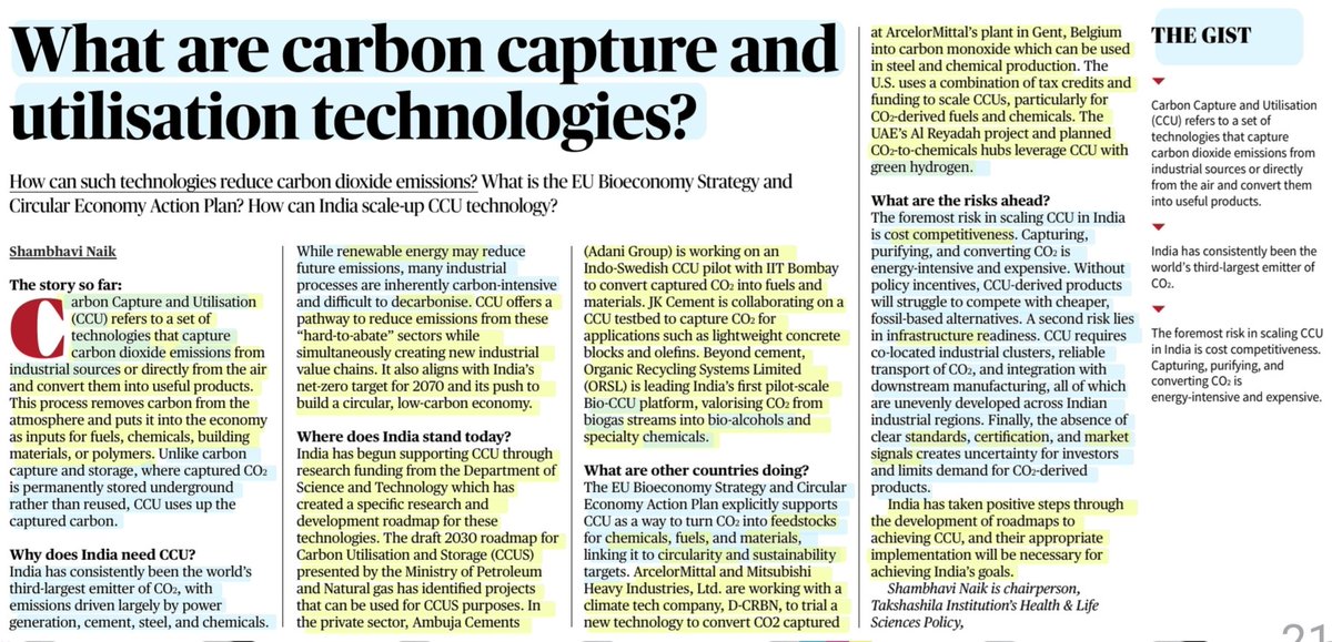 imRavikantYadav's tweet image. What are Carbon Capture &amp;amp; Utilisation technologies?

:Informative article by Ms Shambhavi Naik
@TheNaikMic

#CarbonCapture #Utilisation #CCU #Feedstock #Chemicals #Fuel #Circularity #Sustainability 
#storage #CCUS
#BioCCU #BioAlcohols #Chemicals 
#RenewableEnergy

#UPSC
Source:TH