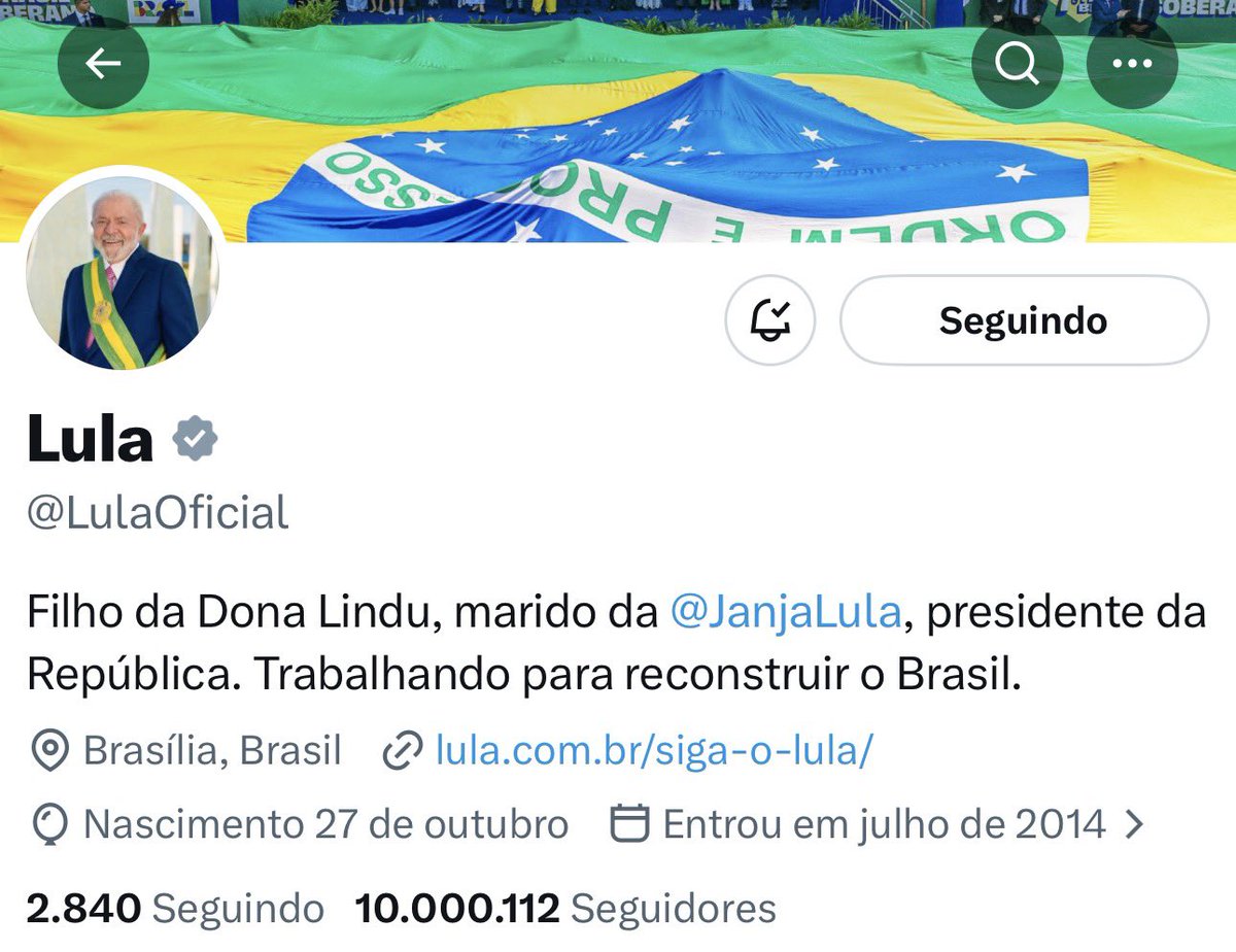 Presidente Lula acaba de ultrapassar a marca de 10 milhões de seguidores aqui no X 🇧🇷✊🏾