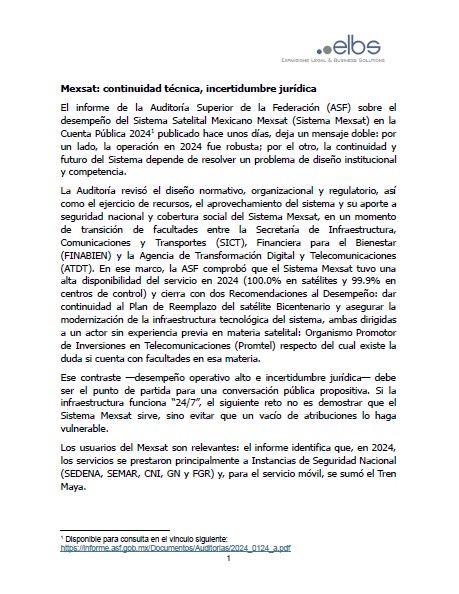 ELBS_Mx's tweet photo. "Mexsat: continuidad técnica, incertidumbre jurídica"   Compartimos un análisis sobre la auditoría que la @ASF_Mexico practicó al Sistema Satelital Mexicano. 

El informe puede ser consultado en: https://t.co/I7BS4ZiT0q https://t.co/q6bPu6znVl