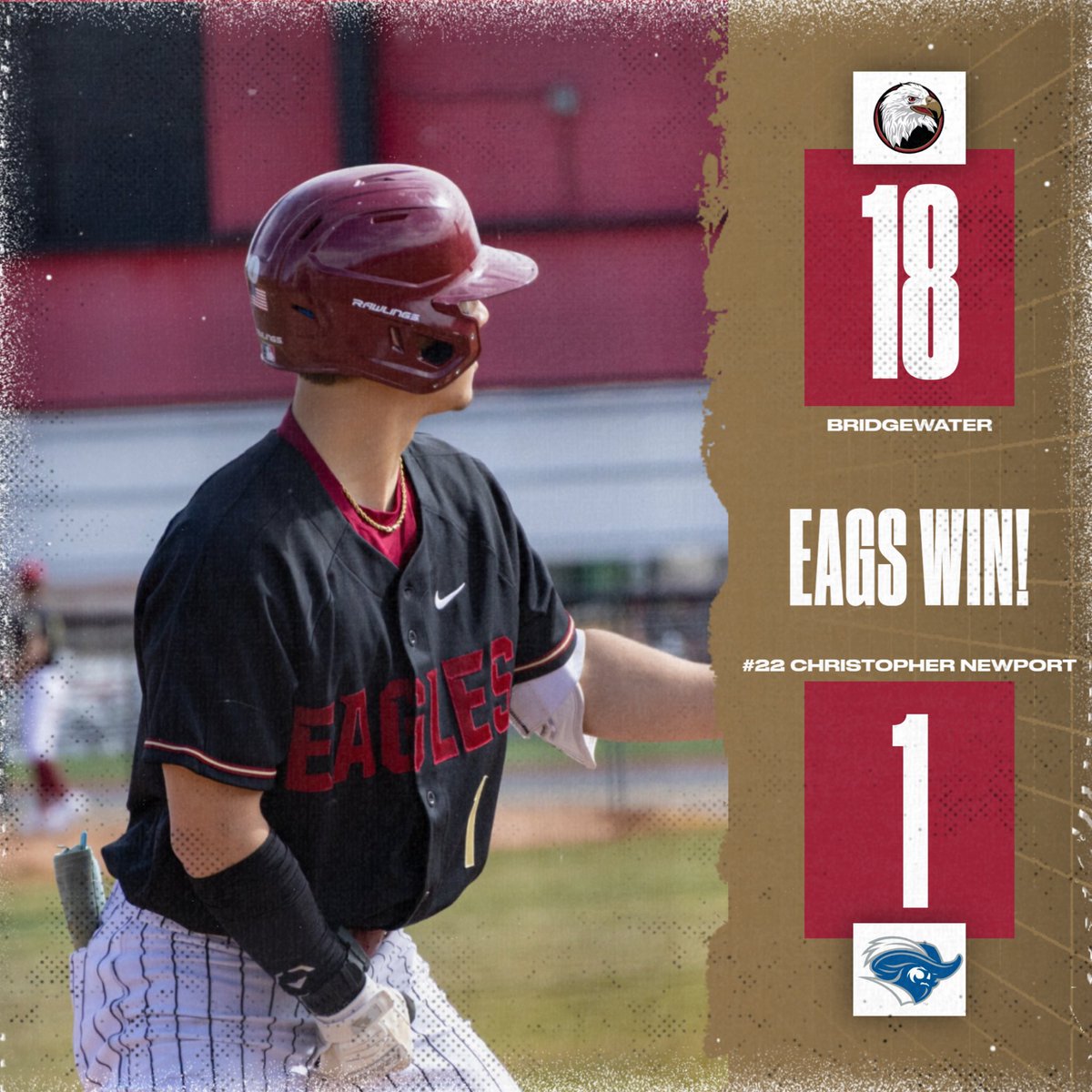 BCAthletics's tweet photo. Down goes #22 in a BIG way!! @BwaterBaseball 

The Eags pour on 18 runs against No. 22 CNU led by a single-game program record of three home runs by Jakson Walter

#BleedCrimson #GoForGold 

🔗 https://t.co/fvJFmNVAOa https://t.co/r2dusyhZI8