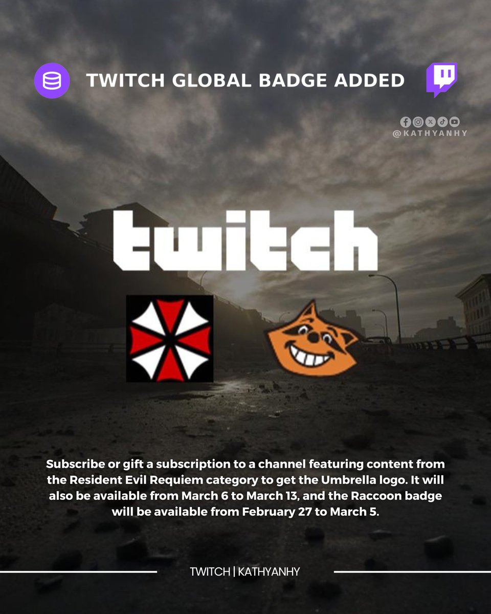 kathyanhy's tweet photo. New global Mr. Raccoon badge and the return of the Umbrella Corporation badge: How to get it and upcoming availability dates! 🦝

The Mr. Raccoon logo will be available from February 27 at 12:01 a.m. to March 5 at 11:59 p.m. (Pacific Time). The Umbrella badge will also be available again from March 3 to March 13 if you subscribe or gift a subscription on Twitch to a channel that streams or replays content from the Resident Evil Requiem category (as part of the launch promotion).

#ResidentEvilRequiem #ResidentEvil #REBHFun #GraceAshcroft