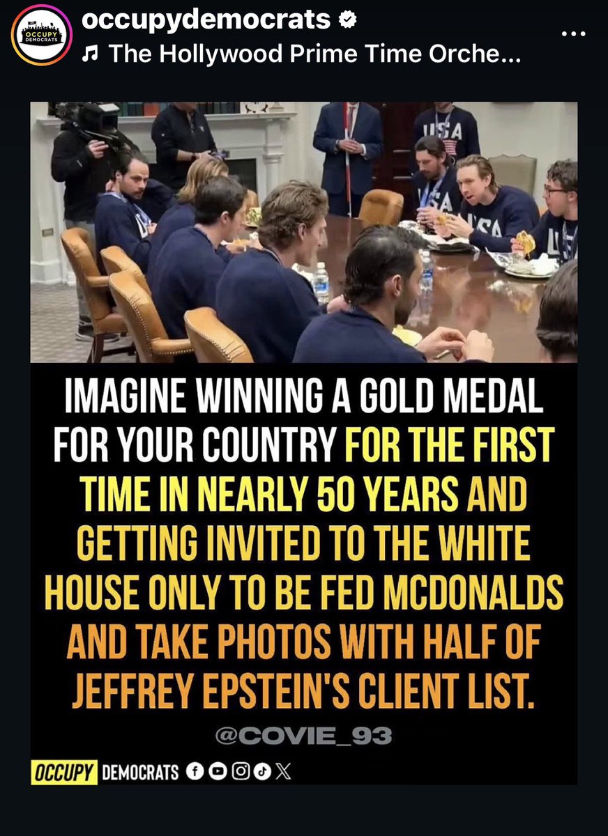 🙄🙄🙄🙄🙄

想像してみてほしい。

ほぼ50年ぶりに自国のために金メダルを獲得し、
ホワイトハウスに招待されたのに出されたのはマクドナルド。

そして、ジェフリー・エプスタインの顧客リストの半分と写真を撮ることになるなんて。