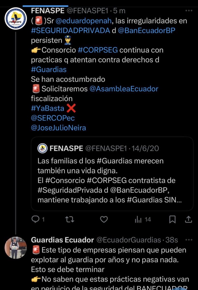 🔴🔴🔴
Desde 2020, <a href="/BanEcuadorBP/">BanEcuador</a> muestra desajustes administrativos en la contratación d Seg privada
 CUATRO PROCESOS CAÍDOS 🚨 
👉Esto genera incertidumbre en los cientos d #Guardias y pone en riesgo activos/operación
👉Pongan fin a esta CRISIS
<a href="/eduardopenah/">Eduardo Peña Hurtado</a> 
<a href="/MarissaPendola/">Marissa Pendola</a>