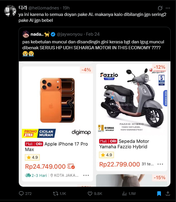 opini paling lucu tahun ini

pertama, dari dulu iphone emang tergolong mahal

kedua, kenapa jadi nyalahin AI? dia pikir karena RAM padahal di konteks ini nggak nyambung

ketiga, bilang jangan sering2 pake AI? LIKE.... WHAATTT??????????

Semua akan AI pada akhirnya, bahkan lu