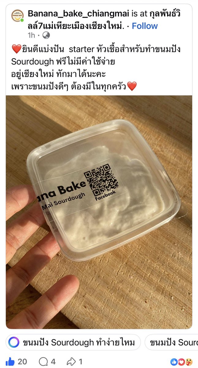 คนทำ sourdough ทุกคนรู้กันหมดค่ะ ว่า starter ต้องเริ่มจาก ขอมาจากคนที่ทำทุกวัน ทำเยอะๆ ทำเป็นอาชีพ เพราะ ความแข็งแรงสูงมาก และ sourdough baker ทุกคนพร้อมแบ่งปันมากๆ 

Starter ของโบว์ก็ นำมาจาก แม่ฮ่องสอน ของคุณอิ่ม

ตอนนี้เชียงใหม่ก็มี sourdough baker แบ่งปันกันอยู่ค่ะ

วงการนี้