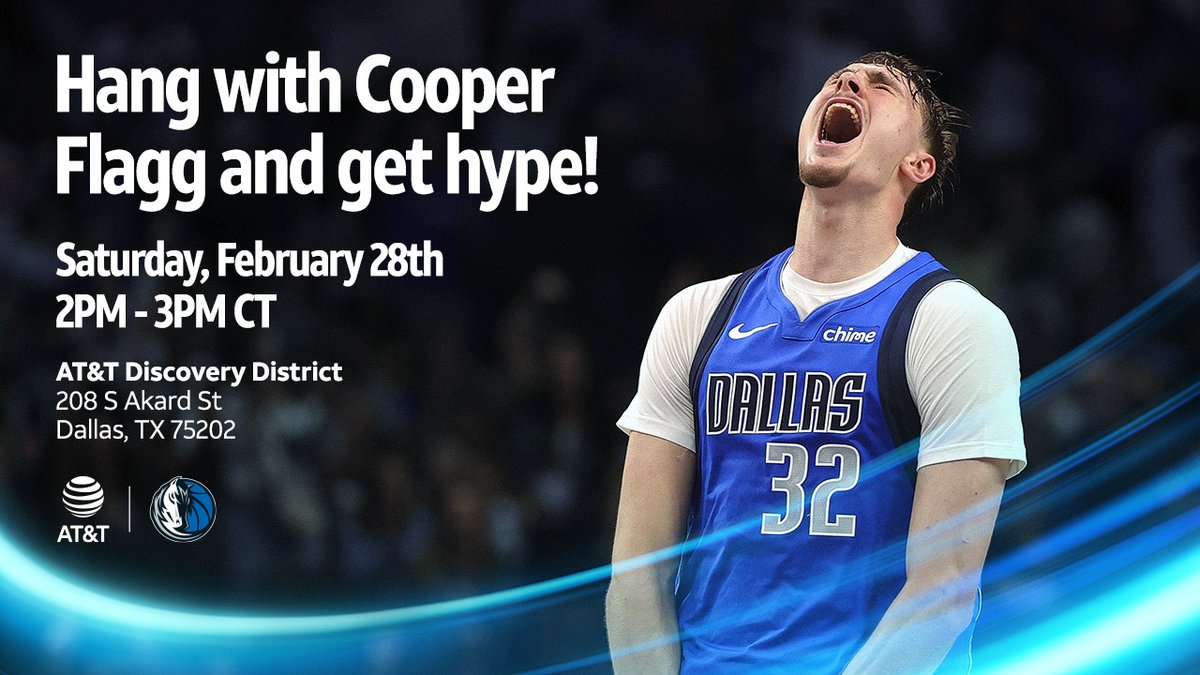 Hang with Cooper and get hype 🔥
Pull up with @ATT this Saturday 2/28
🏀 Dunk Bus: 12PM–6PM
⭐ Cooper appearance: 2PM–3PM
🐴 Mavs legend appearances
🎁 Giveaways
💃 Mavs entertainers
🎧 Live DJ