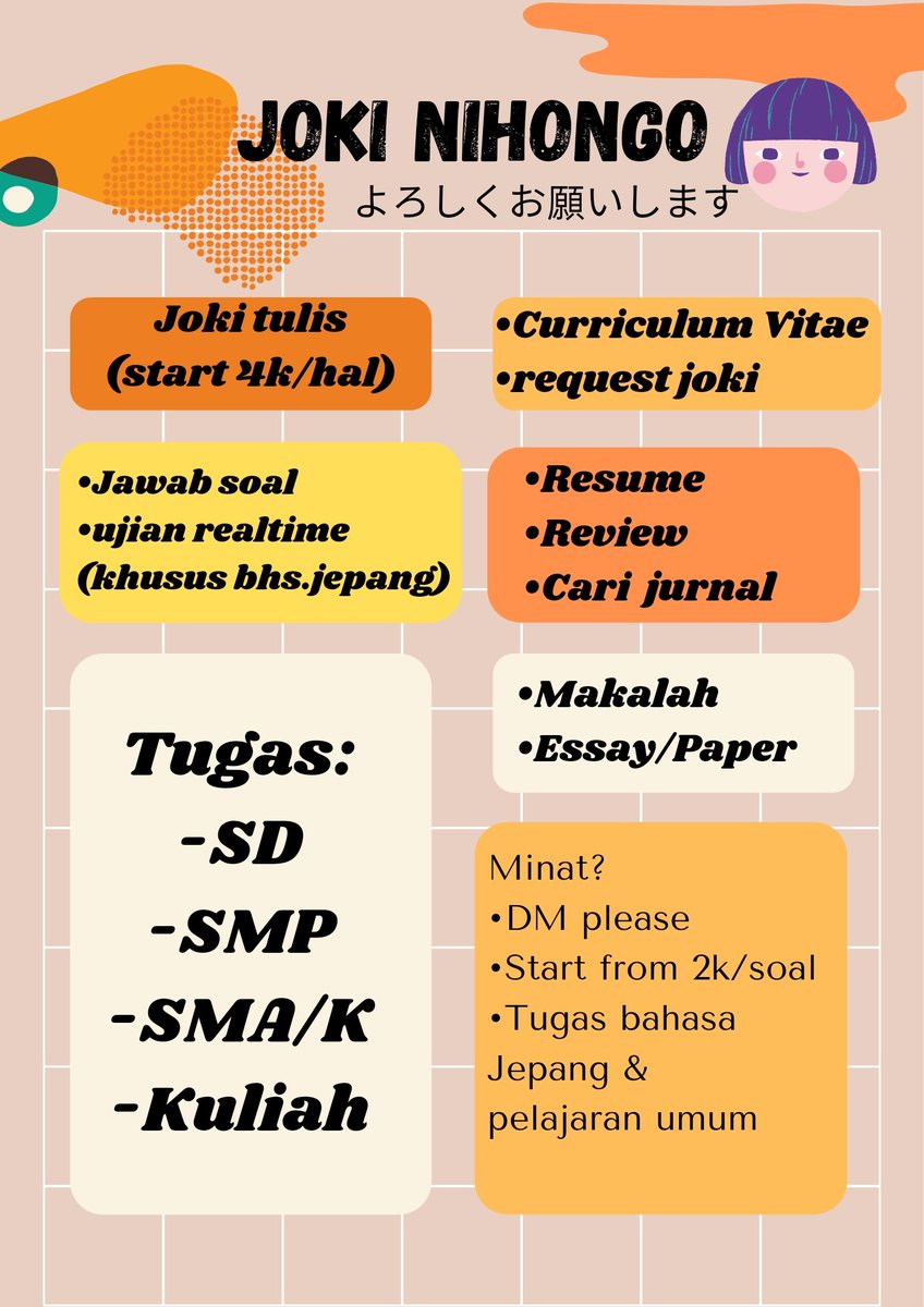joki_nihongo's tweet photo. Ohayou .... ^^
Yuk yg butuh joki tugas boleh bgt DM yah^^Joki Nihongo dah open nih. Tugas tulis, resume, makalah, parafrase, artikel juga bisa lho. Dijamin amanah dan rahasia aman. Testi? cek pin
WA : https://t.co/KzZOqtjmEm
#jokitugas #jokitulis #tugasjepang https://t.co/UkDKf2V3Zs
