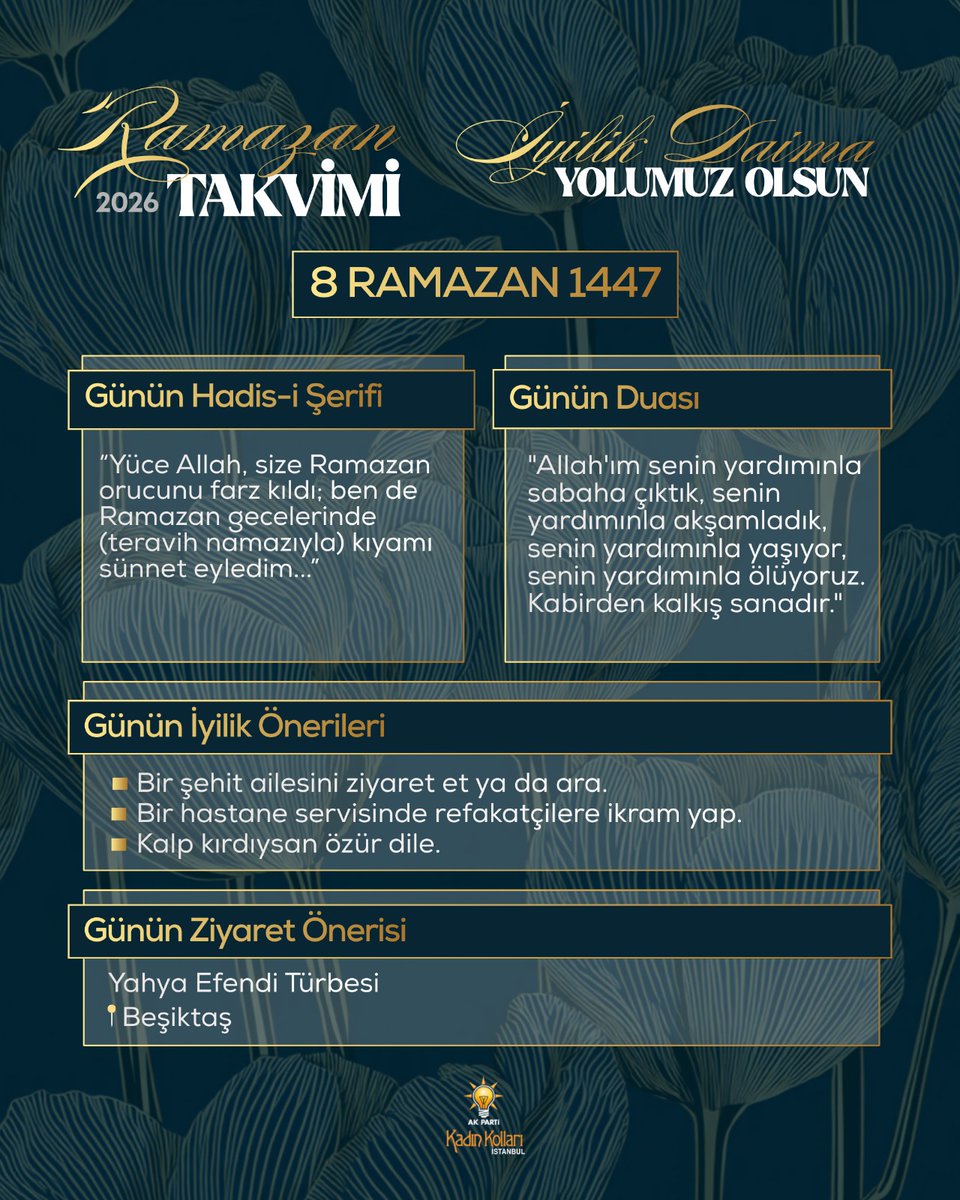 🌙 Ramazan’ın ruhuyla gönüller birleşiyor…

Günün İyilik Önerileri:
🇹🇷 Bir şehit ailesini ziyaret et ya da ara.
🥧 Bir hastane servisinde refakatçilere ikram yap.
💌 Kalp kırdıysan özür dile.

Unutmayalım; küçük bir iyilik büyük bir gönül kazanır, bir tebessüm umut olur, bir