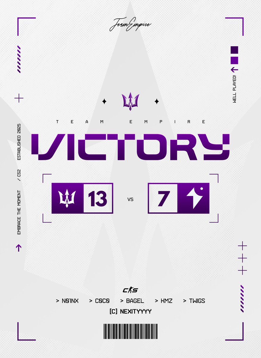 Four in a row 🔥

Empire clutches the win 13–7 with a HUGE 3-piece from <a href="/CS_C0C0/">C0C0-</a> on Inferno. 

GGs to <a href="/Outfit_49/">O49</a>

Catch us tomorrow at 8:30 PM EST as we take on Mythic - all streamed live.