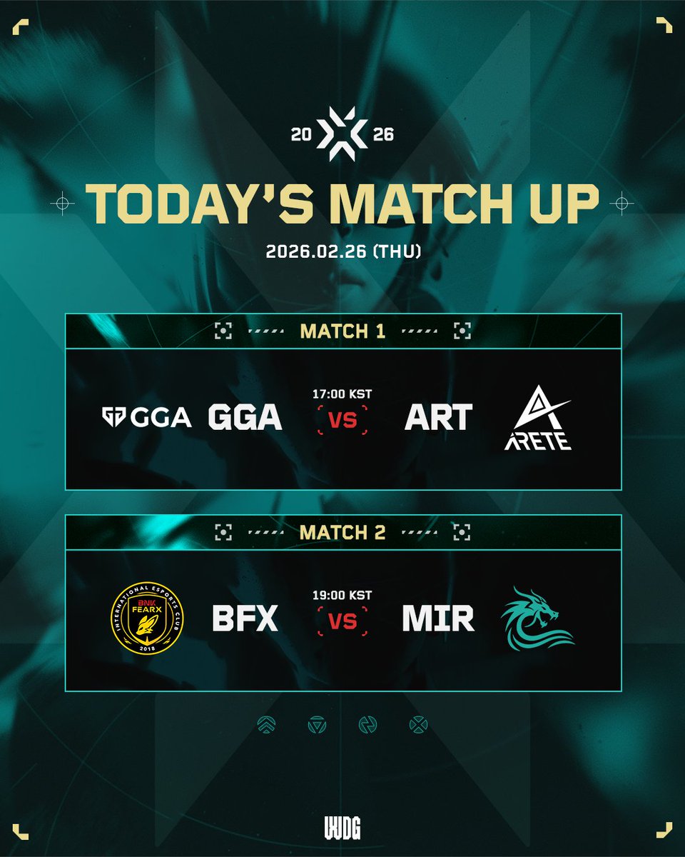 WDG_VALORANT_CK's tweet photo. 02.26 Today's Match Up | 2026 WDG VCT_CK SPLIT 1

📅02.26(THU)
✅MATCH 1 : Gen.G Global Academy vs ARETE
✅MATCH 2 : BNK FEARX vs Mir Gaming

📷 방송 채널 : 유튜브/SOOP/치지직/네이버 e스포츠

#VCT #VCT_CK #WDG #발로란트 https://t.co/DLYIniRC4M