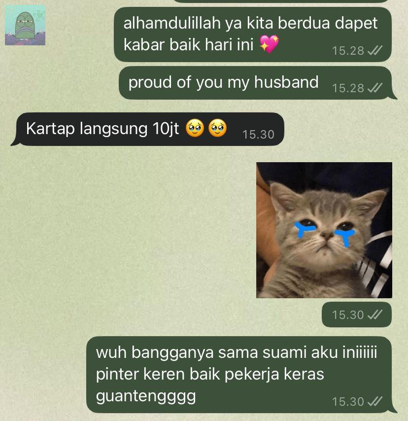 update: suami blg jangan sedih, biar dia aja yg fokus nyari uang dan aku istirahat. dan bener, suamiku jadi kartap 😭 bonus tahun ini pun besar bgt bisa beli motor baru. huhu matematika tuhan gada yg tau 💚

x.com/tanyakanrl/sta…