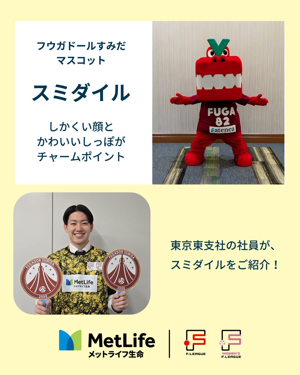 MetLifeJp's tweet photo. 【#メットライフ生命 社員が紹介：#フウガドールすみだ のスミダイル】 
しかくい顔とかわいいしっぽがチャームポイントのワニのマスコット！ 
東京東支社の“推しポイント”はスミダイルの「おちゃめなポーズ」。 
ホームは東京都墨田区。地域の学校訪問・区のイベント参加・墨田区総合体育館でのホームゲームなど、地域とつながる取り組みを続けています。 
実はスミダイル、Ｆリーグのマスコット総選挙で4位の実力者！