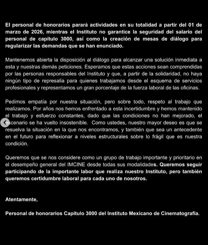 Trabajadores del IMCINE bajo el esquema de honorarios anuncian PARO TOTAL DE ACTIVIDADES a partir del 1 de marzo y exigen el "pago urgente y retroactivo a todos los trabajadores, que llevan desde el 1 de enero laborando sin certezas ni contratos".