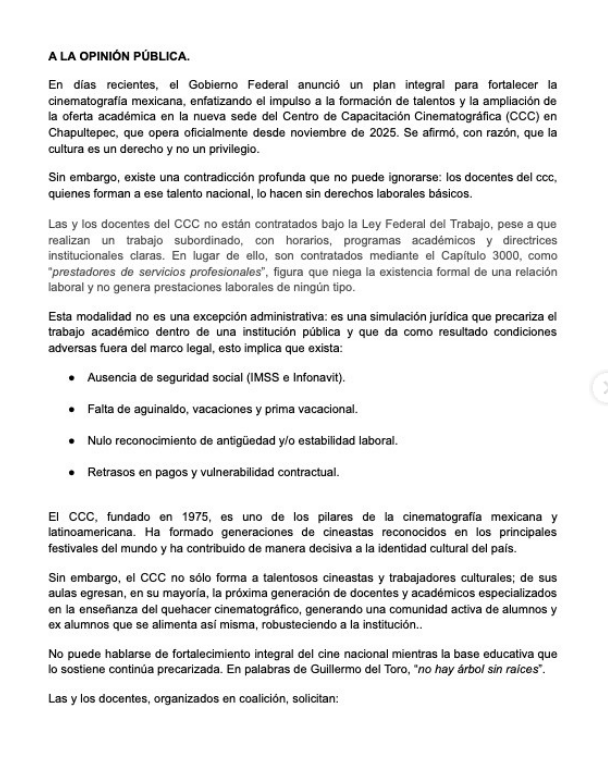 No solo es IMCINE y trabajadorxs de la Cineteca Nacional, también docente del CCC denunció precariedad laboral hace unas horas.