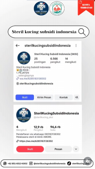 seyay_'s tweet photo. Program Steril Kucing oleh Steril Kucing Subsidi Indonesia (SKSI)
✔️ Biaya ramah kantong
✔️ Ditangani langsung dokter hewan berpengalaman
✔️ Prosedur aman, terkontrol, dan penuh kasih

tersedia di jakarta, bogor, depok, tangerang, bekasi dan bali. https://t.co/QUZ1NjaR2A