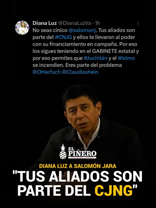 #RELEVANTE 🗣️🆕 Tras estallido de violencia en #Oaxaca, la activista <a href="/DianaLuzVa/">Diana Luz</a> lanzó una temeraria acusación al gobernador <a href="/salomonj/">Salomón Jara Cruz</a>: "Tus aliados son parte del #CJNG y ellos te llevaron al poder con su financiamiento en campaña"

➡️ El mandatario, hasta el momento, no ha