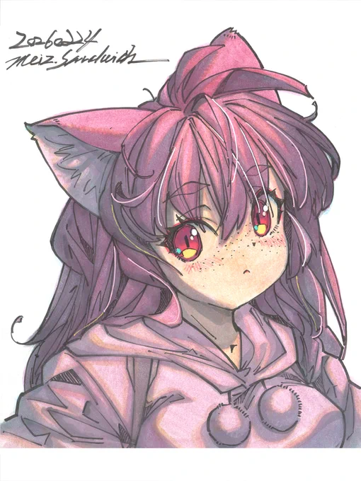 【アナログ2451:ツンデレピンク】太眉とそばかすが人気。 #水彩 #原画 #色紙 #狐娘