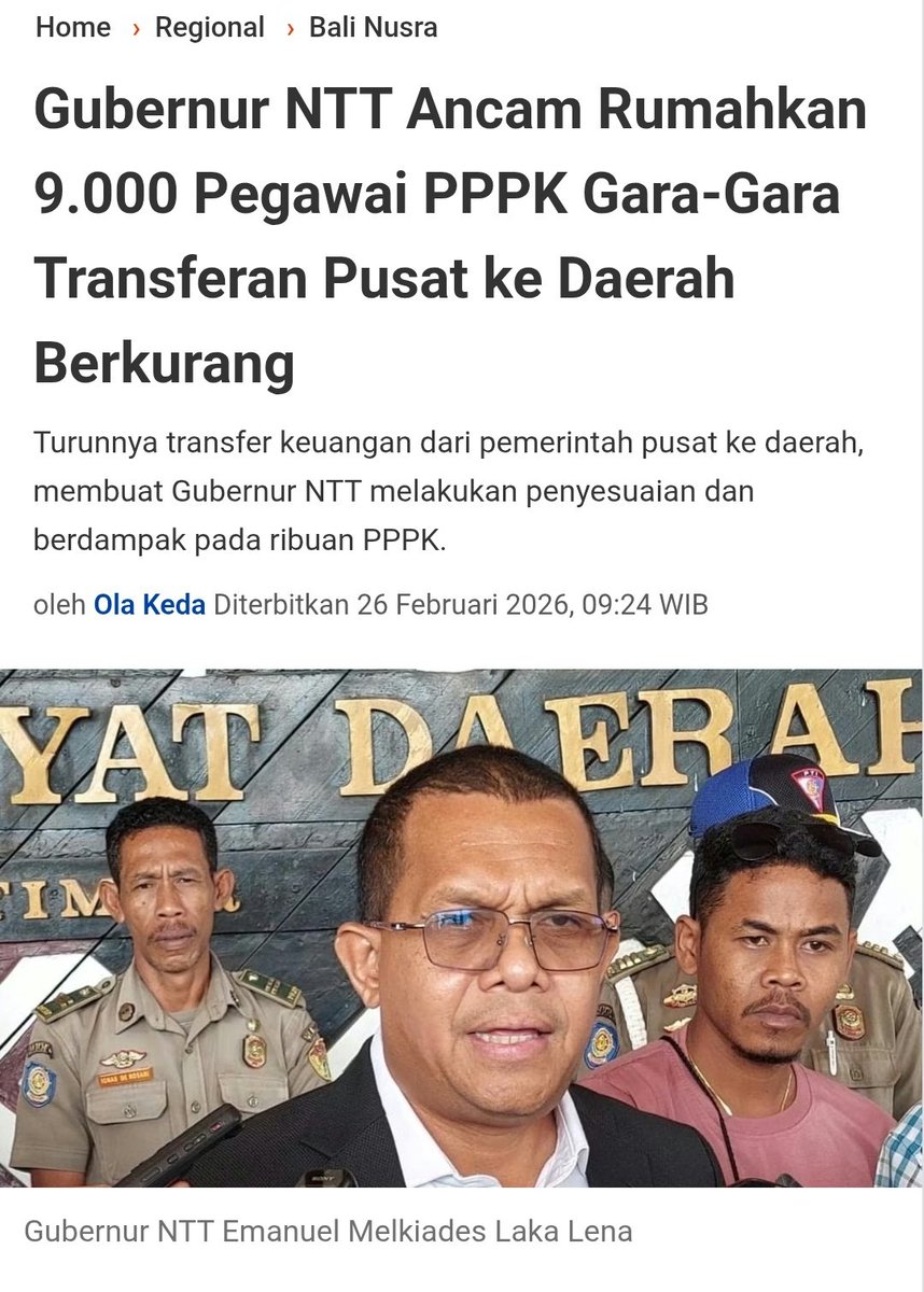 <a href="/kompascom/">Kompas.com</a> Gubernur NTT dari <a href="/PartaiGolkar/">Partai Golkar</a> bahkan akan Rumahkan 9.000 Pegawai PPPK gara-gara Transferan Dana Pusat ke Daerah berkurang karena APBN habis buat MBG, Koperasi Desa Merah-Putih, BoP sogok Trump-et dan Danantara. <a href="/Dandhy_Laksono/">Dandhy Laksono</a> <a href="/BennyHarmanID/">Benny K Harman</a> <a href="/ARSIPAJA/">Jejak digital.</a>