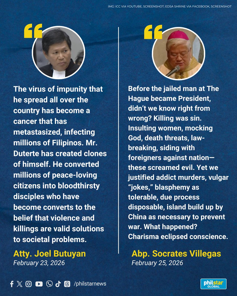 PhilstarNews's tweet photo. WHAT HAPPENED TO OUR MORALS?

On February 23, lawyer Joel Butuyan, the common legal representative of the victims at the ICC proceedings of former president Rodrigo Duterte, decried how the former chief executive allegedly warped Filipino morals as such that desired violence and killing as moves against social problems.

Similarly, in a mass celebrated during the 40th anniversary of the People Power Revolution on February 25, Lingayen-Dagupan Archbishop Socrates Villegas also lamented a moral shift that happened during Duterte's regime, pointing how charismatic leaders can overpower conscience.