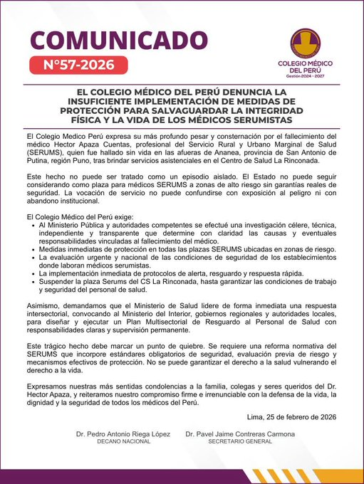 drantonioquispe's tweet photo. Fuerte y claro: Otro año más, otro Serumista muerto!!!

Otra vez.
Otra familia destrozada.
Otro médico joven que salió a servir y no regresó.

El Dr. Héctor Apaza Cuentas murió mientras cumplía su SERUMS en Ananea, Puno. No estaba en una misión militar. No estaba en una zona de guerra declarada. Estaba cumpliendo con el mandato del Estado de llevar salud a quienes más lo necesitan.

Y el Estado no lo protegió.

El SERUMS no puede seguir siendo una ruleta rusa para médicos recién egresados. No puede ser que enviemos profesionales a territorios con minería ilegal, violencia, ausencia de autoridad y condiciones mínimas de seguridad inexistentes, y luego reaccionemos solo cuando ocurre una tragedia.

La vocación no es sinónimo de abandono.
El servicio no es sinónimo de exposición extrema.
La salud pública no se construye sacrificando la vida de quienes la sostienen.

Hoy no basta con condolencias.
Se necesita responsabilidad.

✅Se necesita una investigación independiente y transparente.
✅Se necesita suspender plazas en zonas de alto riesgo hasta garantizar seguridad real.
✅Se necesitan protocolos obligatorios de evaluación de riesgo, presencia efectiva del Estado y mecanismos de evacuación y respuesta inmediata.

👉Como médico, me duele.
👉Como epidemiólogo, sé que esto no es azar: es una falla estructural.
👉Como ciudadano, me indigna.

No podemos normalizar que hacer SERUMS sea jugarse la vida.

Mi abrazo solidario a su familia, a sus colegas y a cada serumista que hoy cumple su labor con miedo, pero con dignidad.

La salud del país no puede sostenerse sobre el abandono de sus médicos.

Saludos cordiales,

Dr. Antonio Quispe