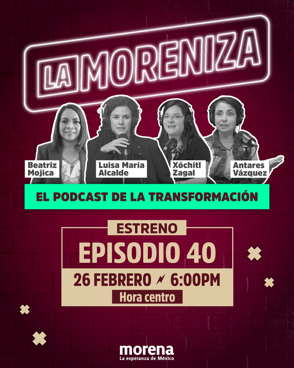 Te invitamos a un encuentro de altura en La Moreniza. Nuestra Presidenta, <a href="/LuisaAlcalde/">Luisa Alcalde</a>, recibe a grandes referentes de nuestro movimiento la senadora <a href="/Beatriz_Mojica/">Beatriz Mojica Morga</a> y las diputadas 
<a href="/XochitlZagalMX/">Diputada Xóchitl Zagal</a> y <a href="/AntaresVazAla/">Antares Vázquez Alatorre</a>.

Hablarán  sobre el futuro de nuestra democracia con la