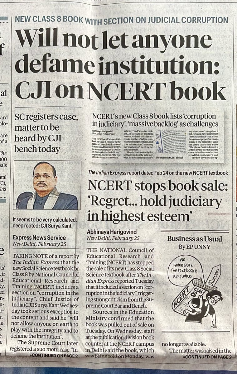 Mrunal_Patel's tweet photo. NCERT writes a chapter on judicial corruption, and then, after Supreme Court displeasure, they delete it. - source Indian express. https://t.co/qaFGQmGTl7