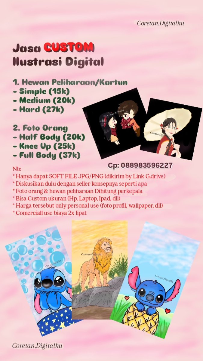 itssme_mpa's tweet photo. @tanyakanrl Permisi izin share

*ILUSTRASI DIGITAL, DIBUAT KHUSUS KAMU✨*
Style bisa request, tingkat kemiripan tdk 100% karena hasil full digital, free revisi 2x, Cocok untuk profil, wallpaper, hadiah, brand, dan kontenmu 😉 Minat? chat &amp; diskusikan konsepmu di nomer yg tertera yuk.. https://t.co/1AmSVph8Jo