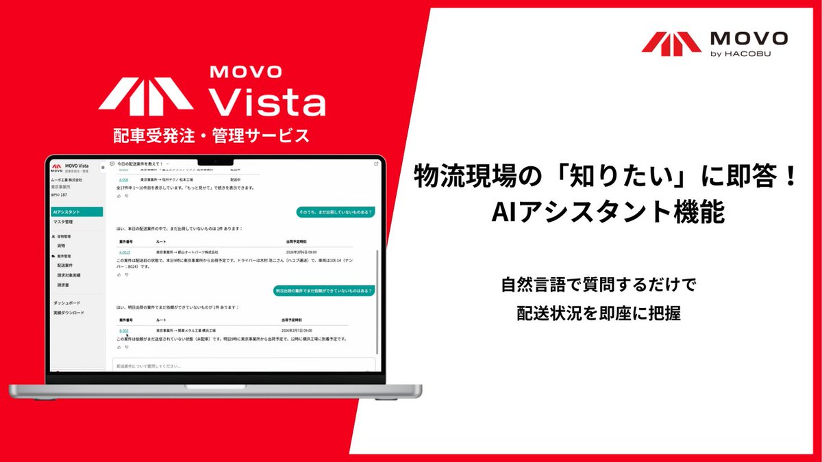 PRTIMES_BIZ's tweet photo. Hacobu、配車受発注・管理サービス「MOVO Vista」にAIアシスタント機能を提供開始。自然言語での質問で配送状況を... https://t.co/W7IiQopQtv https://t.co/mByTCw6Gkj