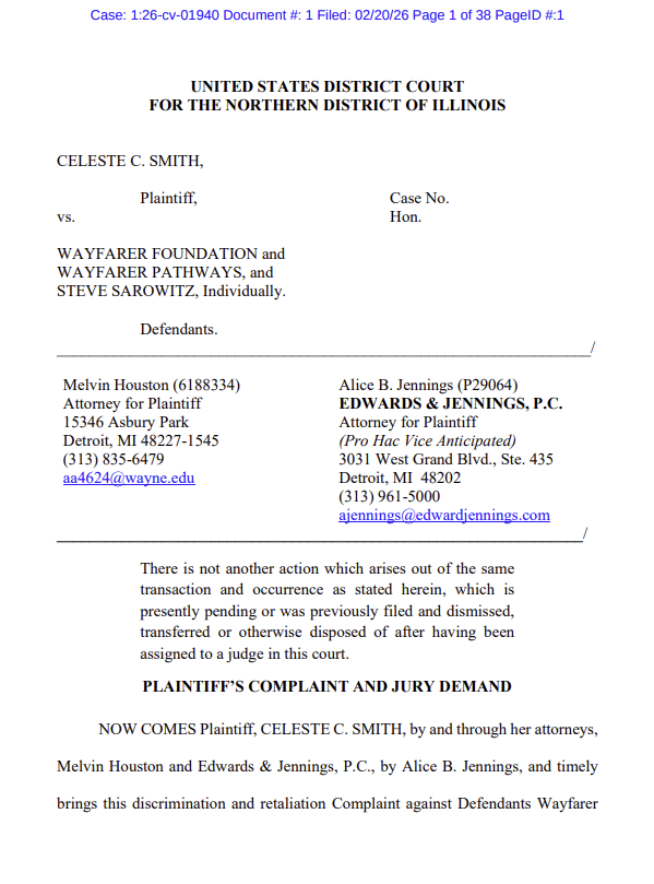 🚨Wayfarer sued again for discrimination, retaliation and harassment 🚨

This lawsuit is against the now defunct Wayfarer Foundation and Steve Sarowitz... 🧵

storage.courtlistener.com/recap/gov.usco…