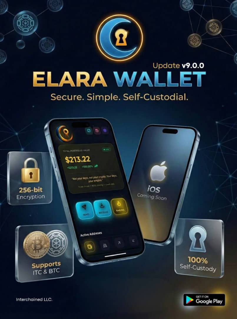 Reflex_otf's tweet image. Elara Wallet v9.0.0 just dropped. Secure, simple, self-custodial. 
In a world of hacks and custodian risks, this is the wallet that puts you in control: 256-bit encryption, 100% self-custody, no compromises. Supports ITC &amp;amp; BTC out the gate. 
 @interchained #Interchained #AiAS