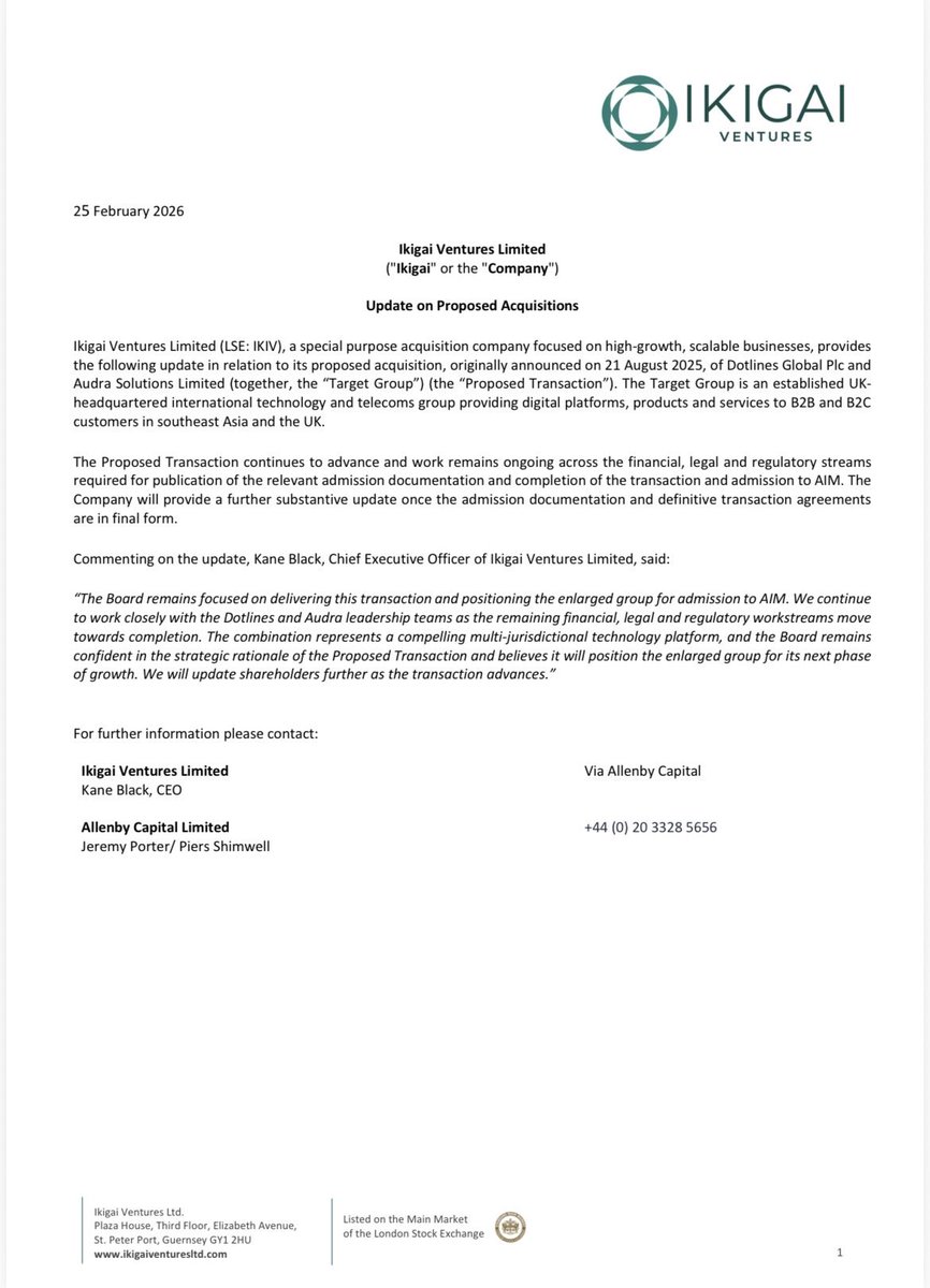 Ikigai Ventures has released an update on its proposed acquisition of Dotlines Global and Audra Solutions. Work continues with the Dotlines, Audra and adviser teams as we progress towards completion and transition to AIM. Further updates to follow

#LSE #AIM #CapitalMarkets #SPAC