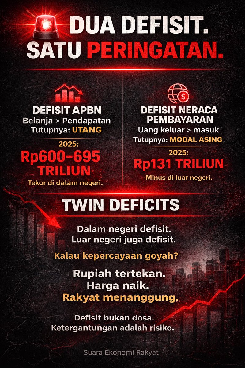 Twin Deficits 2025: Antara Stabilitas dan Ketergantungan

Tahun 2025 menempatkan Indonesia pada posisi yang tidak ringan. Defisit APBN mendekati Rp600–695 triliun atau hampir 3 persen PDB. Pada saat yang sama, Neraca Pembayaran Indonesia juga mencatat defisit sekitar US$7,8