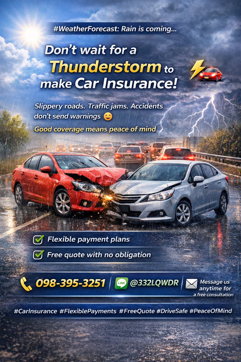 GoogleMahaChock's tweet photo. ⛈️ #ฝนตก ถนนลื่น อุบัติเหตุไม่เคยแจ้งเตือน! 🚗⚡
อย่ารอให้ชนก่อนค่อยทำประกัน ผ่อนสบาย เช็คเบี้ยฟรี 📲 098-395-3251 | LINE: https://t.co/8FQilsr9OV (@332LQWDR) #ประกันรถยนต์ #เช็คเบี้ยฟรี #พยากรณ์อากาศ https://t.co/2R2LVprUsz