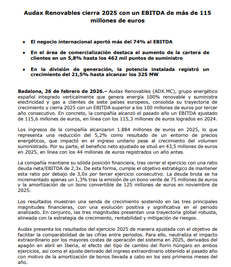 JCPF_Carlos's tweet image. #AUDAXRENOVABLES #AUDAX #ADX 

📌✅Audax Renovables cierra 2025 con un EBITDA de más de 115 millones de euros.