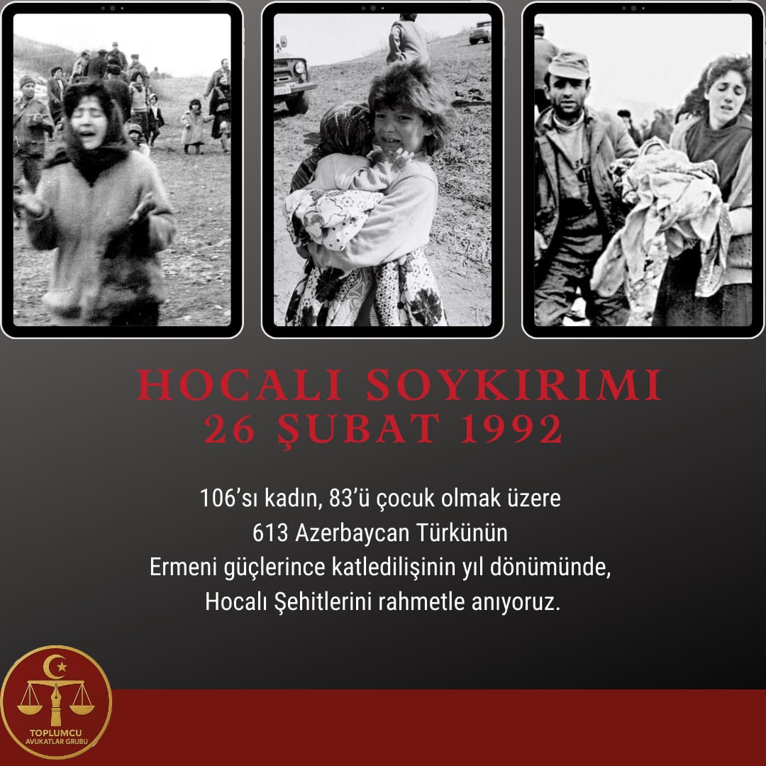 AvukatlarGrubu's tweet photo. 106’sı kadın, 83’ü çocuk olmak üzere 613 Azerbaycan Türkünün Ermeni güçlerince katledilişinin yıl dönümünde, Hocalı Şehitlerini rahmetle anıyoruz. https://t.co/4x17aXJiSx