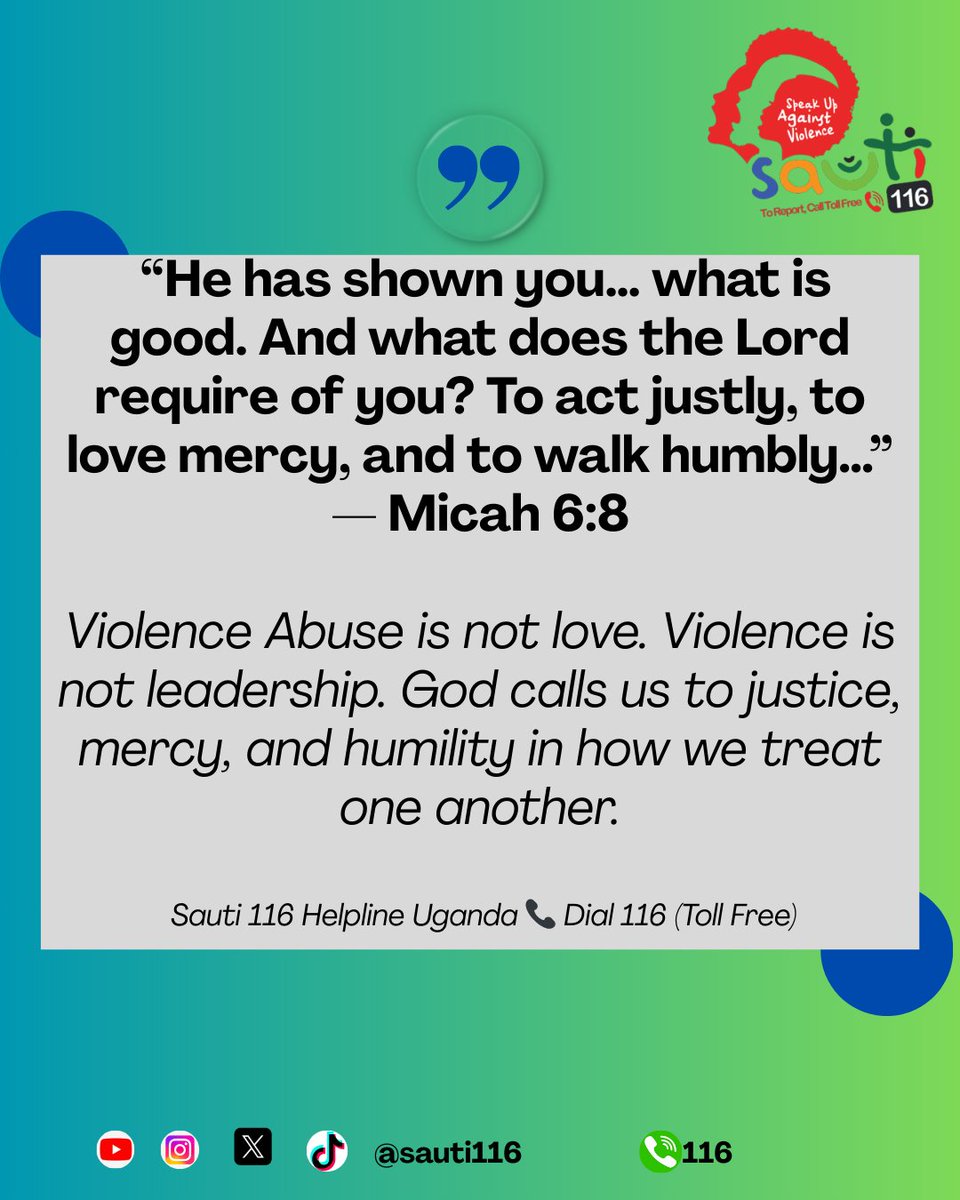 sauti116's tweet photo. Love does not harm. ❤️ Let justice, mercy, and humility guide our homes and relationships.
If you need support, call 116  Toll Free.
@Mglsd_UG @GovUganda 
#Sauti116 #EndGBV #FaithInAction #HealthyRelationships #ThursdayMessage https://t.co/aLZdjQWymr